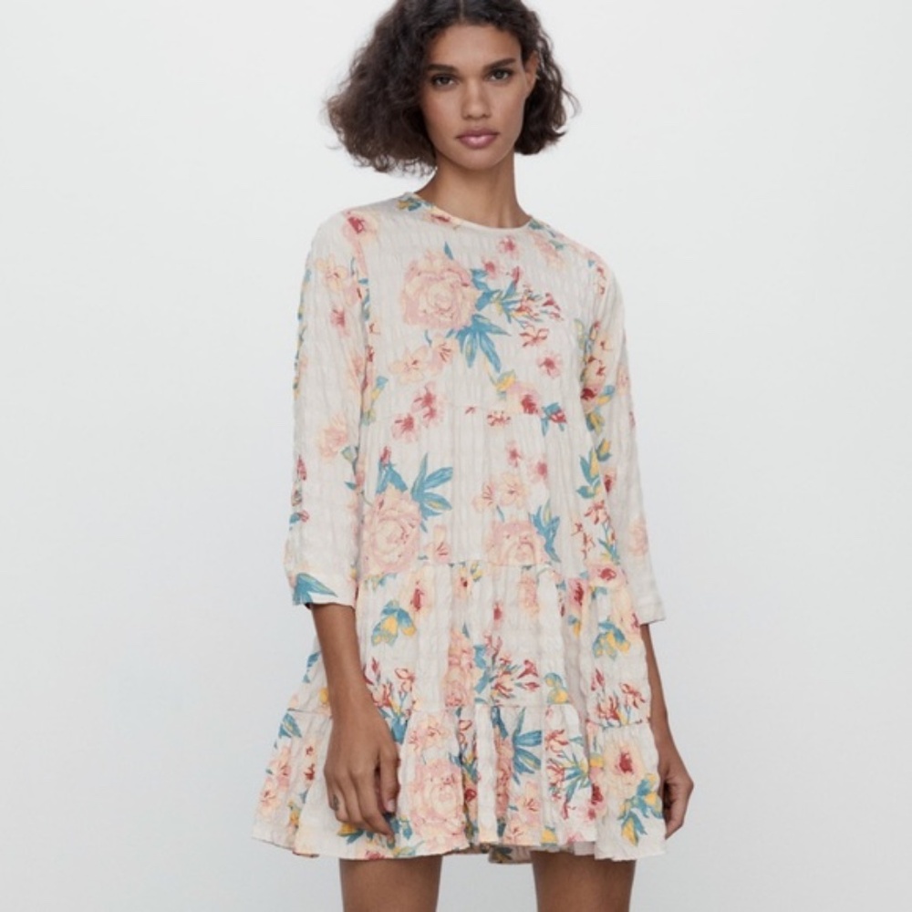 NWOT ZARA 'The Sharon' Ecru FLORAL PRINT Babydoll DRESS Sz Medium